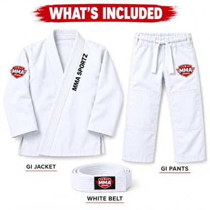 Jiu Jitsu Gi for Kids & Teens – Lightweight Martial Arts Training Suit | 100% Cotton-Poly Blend | Free White Belt - color: White, size: M-0