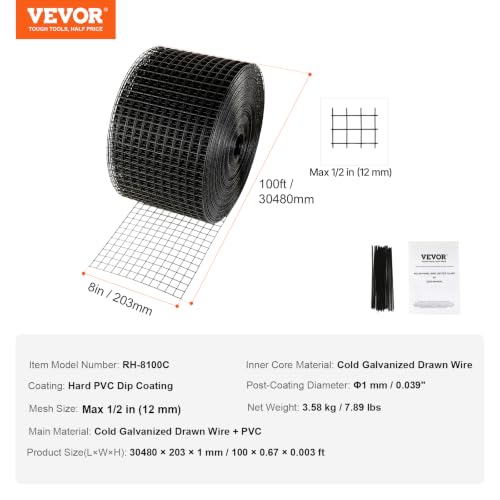 VEVOR 8inch x 98ft Critter Guard for Solar Panels, PVC Coated Wire Mesh Roll Kit with 50pcs Ties for Pigeon Deterrent, Bird Proofing, Squirrel Proof, Black - size: 8in x 98ft with 50pcs Tie Wires