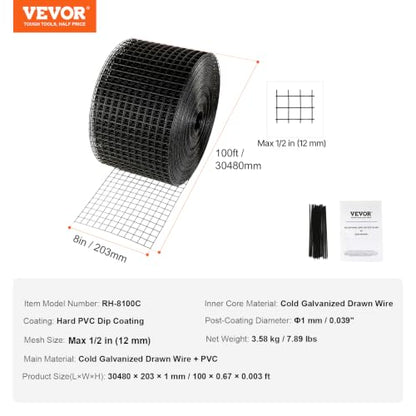 VEVOR 8inch x 98ft Critter Guard for Solar Panels, PVC Coated Wire Mesh Roll Kit with 50pcs Ties for Pigeon Deterrent, Bird Proofing, Squirrel Proof, Black - size: 8in x 98ft with 50pcs Tie Wires