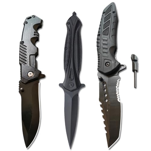 3Piece Pocket Folding Knives Set,440C Stainless Steel Blade,Liner Lock,Tactical Camping Folding Knives Belt Clip,Lightweight,Womens Dad Father Gift,For Outdoor, Hunting, Fishing ,Camping (Type-1) - color: Type-1