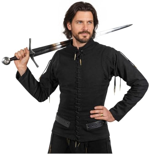 Mythrojan Late Medieval Padded Arming Doublet Gambeson with Brass Aiglets, Ideal for Knightly Medieval Reenactment LARP - color: Black, size: 3X-Large