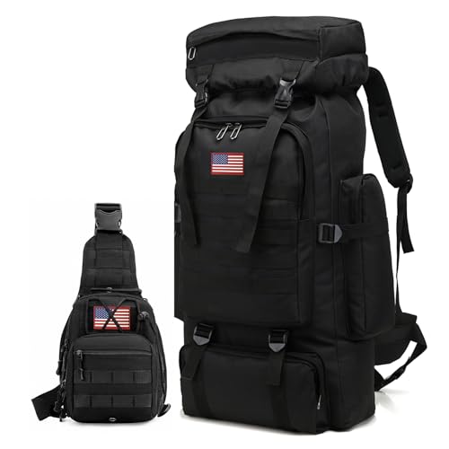 JUMAHE 80L 2-pack Hiking Backpack for Men with Sling Tactical Backpack - Rucksack Molle Military Tactical Waterproof Lightweight Camping Backpack 3 Day Assault Pack for Travel, Climbing, Backpacking - color: 80l Black - Pro(900d Fabric) + Sling Bag Bundle