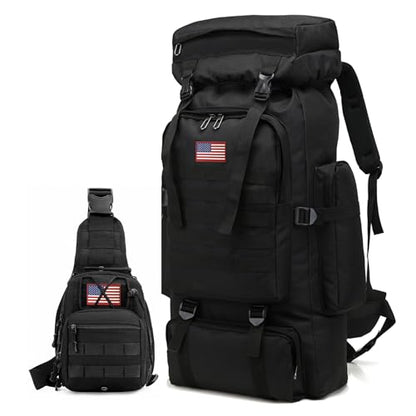JUMAHE 80L 2-pack Hiking Backpack for Men with Sling Tactical Backpack - Rucksack Molle Military Tactical Waterproof Lightweight Camping Backpack 3 Day Assault Pack for Travel, Climbing, Backpacking - color: 80l Black - Pro(900d Fabric) + Sling Bag Bundle