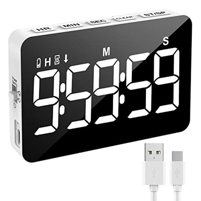 Rechargeable Digital Kitchen Timer for Cooking, Magnetic Timers with Countdown/up, Kids Timer with 5”LED Display 3 Brightness 4 Volume Adjustable for Classroom/Office/Home/Work/Study/Fitness/Game - color: Black+white