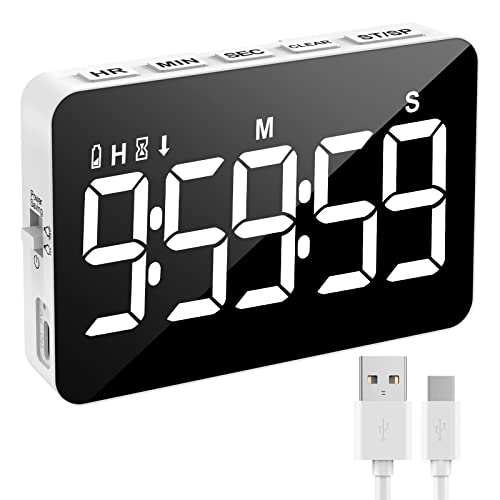 Rechargeable Digital Kitchen Timer for Cooking, Magnetic Timers with Countdown/up, Kids Timer with 5”LED Display 3 Brightness 4 Volume Adjustable for Classroom/Office/Home/Work/Study/Fitness/Game - color: Black+white