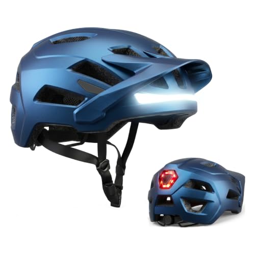 Bike Helmet, Helmets for Adults Men, Front and Back LED Lights Safe Certified MTB Road Bicycle Helmet with Adjustable Brim - color: Metal Blue, size: L (59-61cm)