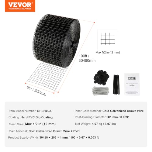 VEVOR 8 inch x 100ft Solar Panel Bird Guard, Critter Guard Roll Kit with 70pcs Aluminum Alloy Fasteners, Solar Panel Guard with Rust-Proof PVC Coating, Max 1/2 inch Wire Roll Mesh - size: 8in x 100ft with 70pcs Fasteners,50pcs Tie Wires
