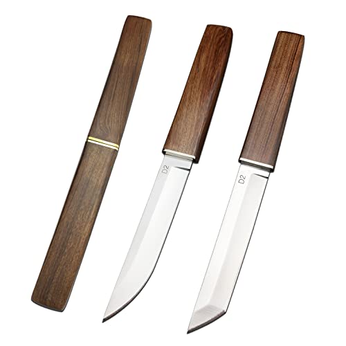 HUAAO 2PCS Fixed Blade Knives, Drop Point & Tanto D2 Knife with Wood Handle, for Camping Fishing Outdoor Survival
