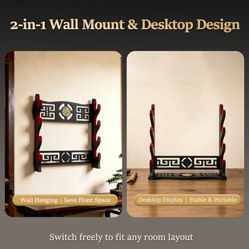 4-Tier Sword Wall Mount & Desktop Rack, 2-in-1 Sword Holder with Unique Hollow Carving, Red Velvet Lining for Samurai Katana Longsword Saber Display