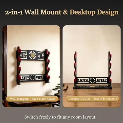 4-Tier Sword Wall Mount & Desktop Rack, 2-in-1 Sword Holder with Unique Hollow Carving, Red Velvet Lining for Samurai Katana Longsword Saber Display
