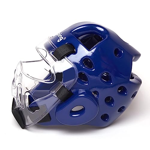 Kids Adults Karate Headgear, with Removable PC Face Shield Eva High-Density Foam Taekwondo Helmet Multiple Vents for Sparring Grappling Muay Thai Kickboxing MMA Karate Taekwondo Training - color: blue, size: X-Large
