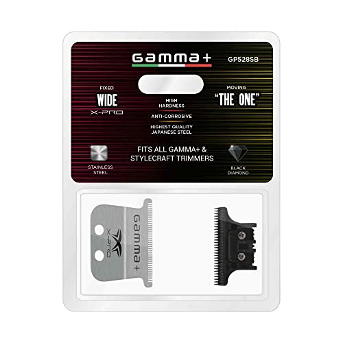 GAMMA+ Hair Trimmer Fixed Moving Blade Replacement Professional Grade - style: X-Pro Wide Stainless Steel with Black The One Moving Trimmer Blade Set