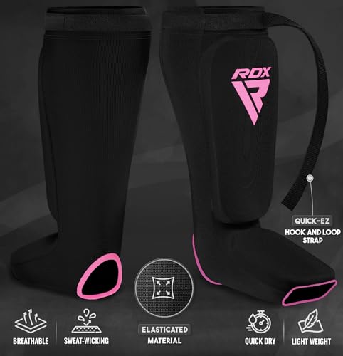 RDX Shin Guards Kickboxing Muay Thai, SATRA Approved, MMA Leg Instep Protection Pads, Sparring Training Martial Arts Boxing, Elasticated Padded Protector, Karate BJJ Taekwondo Gear, Men Women - color: Black Pink, size: Small