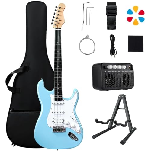 39in Full Size Electric Guitar Starter Kit, Solid Body Electric Guitar Set for Beginners with 10W BT Amp, Stand, Gig Bag, Strap, Strings, Tremolo Bar, 6 Picks and Online Lessons (Blue) - color: Blue