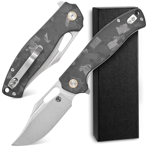 FF25 Folding Knife, DC53 Steel Blade Carbon Fiber Handle with Pocket Clip for Outdoor Camping Fishing Working Survival EDC (Black) - color: Black