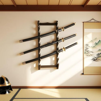Sword Wall Mount Rack, 8-Tier Wooden Katana Display Stand