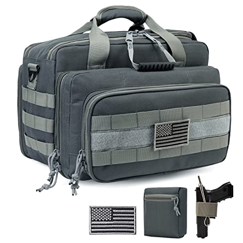 Gun Case Bag Deluxe Medium Size | Tactical 2~4 Pistol Bag Firearm Shooting Case with Lockable Zipper for Shooting Range Outdoor Hunting | US Flag Patch + MOLLE Pouch + Universal Holster Included - color: Arsenic Gray