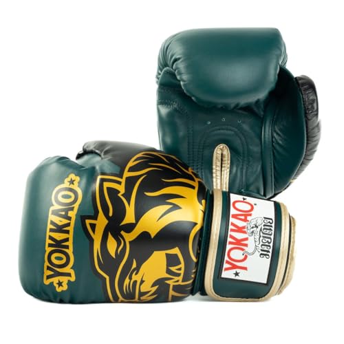 YOKKAO Design Breathable Muay Thai Boxing Glove | Premium Leather Training and Sparring Gloves for Men and Women | Winning Boxing Gloves | Punching Glove - color: Forest Green, size: 14oz
