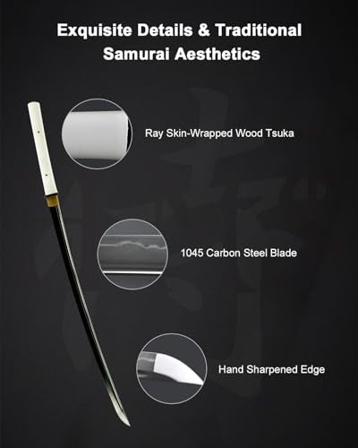 1045 Katana, Hand Forged Full Tang Japanese Sword | Classic Tsuba Series - color: 1045 Heat Tempered, White