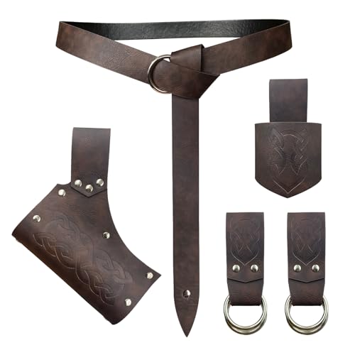 HiiFeuer 5 Pieces Medieval Belt Costume Accessories Renaissance Skirt Hike Viking Horn Belt Holster Dagger Holster Sword Frog - color: Brown a