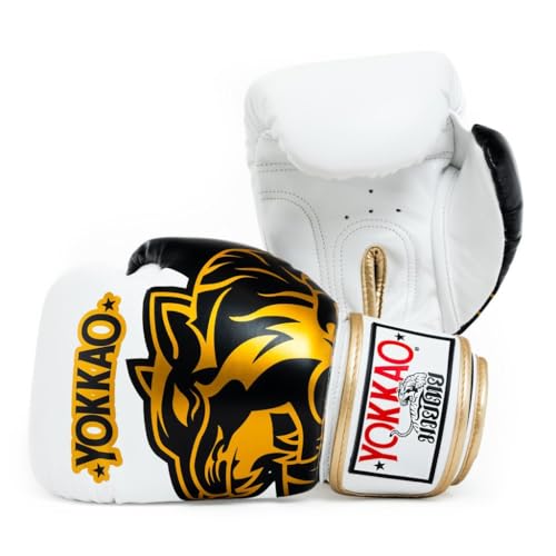 YOKKAO Design Breathable Muay Thai Boxing Glove | Premium Leather Training and Sparring Gloves for Men and Women | Winning Boxing Gloves | Punching Glove - color: White, size: 10oz
