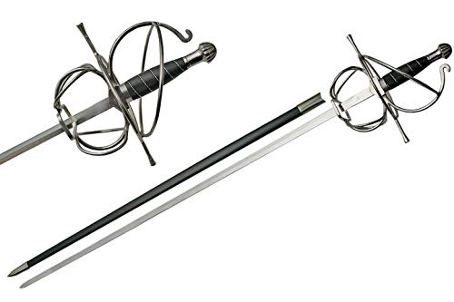 SZCO Supplies 43.5” Fancy Rapier Sword for Adults with Scabbard, Medieval Fencing Sword, Stainless Steel Metal Blade, Black Wire Wrapped Handle, Silver Guard, and Pommel – Swords Real for Collectors
