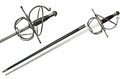 SZCO Supplies 43.5” Fancy Rapier Sword for Adults with Scabbard, Medieval Fencing Sword, Stainless Steel Metal Blade, Black Wire Wrapped Handle, Silver Guard, and Pommel – Swords Real for Collectors