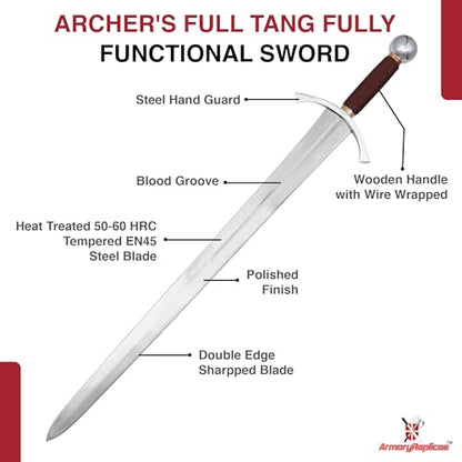 Armory Replicas™ Medieval Hand Forged Knight Sword EN45 Carbon Steel Full Tang with Scabbard - style: Archer's Sword