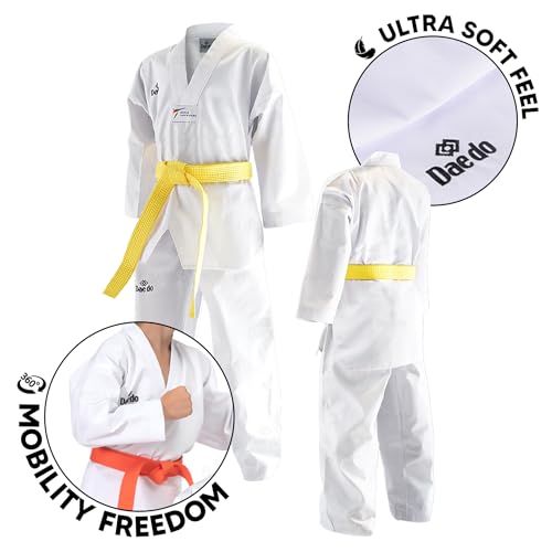 Daedo Taekwondo Beginner Uniform - WT Recognized, International Standards, White V-Neck, Includes Pants & Belt - size: 5 (5'11" - 180 cm)