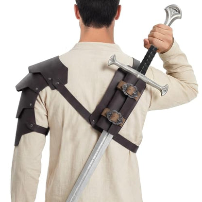 Medieval 2-in-1 Shoulder Armor with Back Sword Frog for LARP Cosplay - color: Dark Brown a