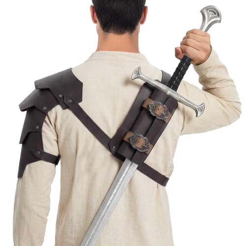 Medieval 2-in-1 Shoulder Armor with Back Sword Frog for LARP Cosplay - color: Dark Brown a