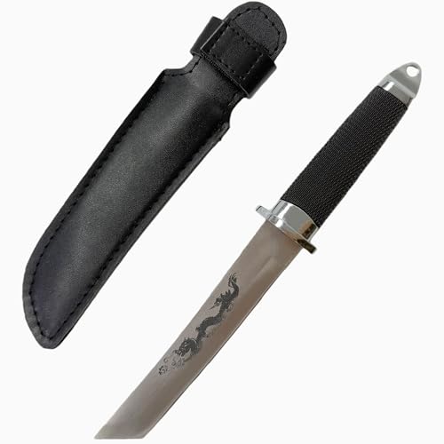 Dragon patterned stainless steel dagger with leather sheath