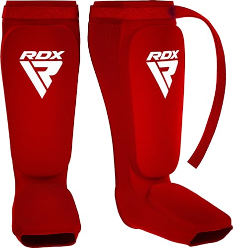 RDX Shin Guards Kickboxing Muay Thai, SATRA Approved, MMA Leg Instep Protection Pads, Sparring Training Martial Arts Boxing, Elasticated Padded Protector, Karate BJJ Taekwondo Gear, Men Women - color: Red White, size: Large