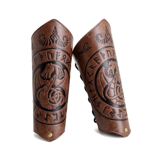 Leather Bracers for Men - Viking Embossed Medieval Arm Archery Guard Gauntlet Costumes - color: Hbr058-dragon Brown