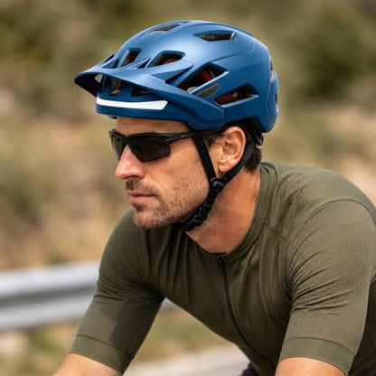 Bike Helmet, Helmets for Adults Men, Front and Back LED Lights Safe Certified MTB Road Bicycle Helmet with Adjustable Brim - color: Metal Blue, size: M (55-58cm)