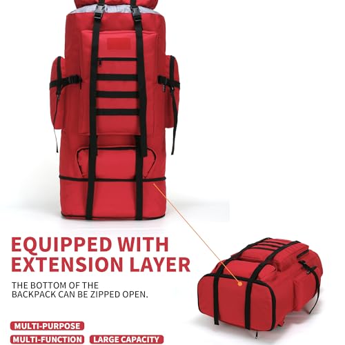 100L Hiking Camping Backpack MOLLE Rucksack Waterproof Daypack (Red) - color: Red