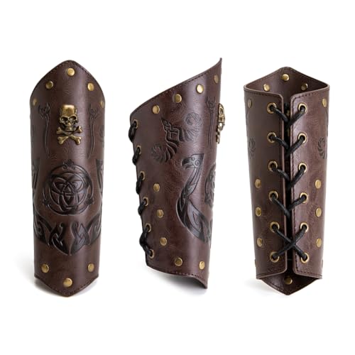 Leather Bracers for Men - Viking Embossed Medieval Arm Archery Guard Gauntlet Costumes - color: Hbr057-skull Coffee