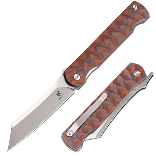 KATSU AUS-8 Steel Blade Folding Knife,Pocket Knife for Men G10 Handle, Liner Lock Japanese Style Front Flipper EDC Knife with Clip Stonewashed finish - color: white
