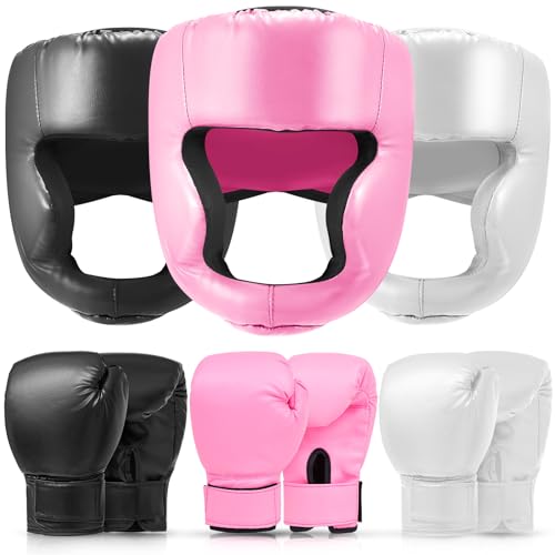 Kanayu 3 Pcs Boxing Headgears 3 Pair Gloves Set - color: Black, White, size: Adult