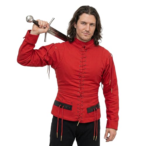 Mythrojan Late Medieval Padded Arming Doublet Gambeson with Brass Aiglets, Ideal for Knightly Medieval Reenactment LARP - color: Red, size: X-Large