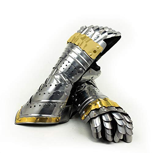 Nagina International Medievalz Warrior Steel Gothic Knight Style Warrior Functional Gloves & Gauntlets | Brass Accent