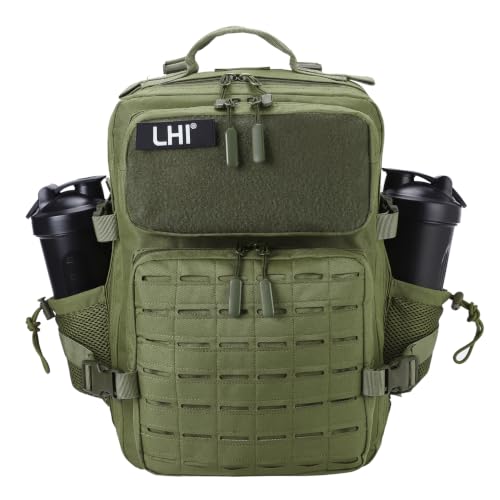 LHI Tactical Military Backpack for Men 25L/45L Large Molle Army Assault Pack 3 Day Hiking Rucksack With Bottle Holder - color: Green, size: 25L