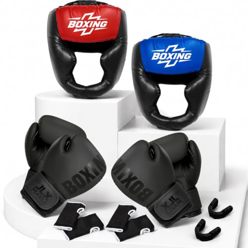 12pcs Boxing Headgear, guantes de boxeo,Mouth Guards& Hand Wraps Boxing Equipment Set - PU Leather Boxing Protective Gear for Training, Sparring & MMA，Boxing Gloves - size: 12oz
