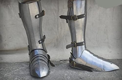 Medieval Combat Steel Greaves with Sabaton, Silver, 18 Gauge Steel and Leather Construction, 18 Inch Length, Knee Protection, LARP Battle Armor