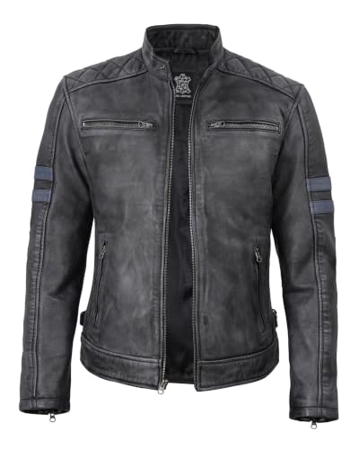 Real Lambskin Cafe Racer Leather Jacket Men Biker Style Stripes Sleeves - color: Black Wash, size: Small