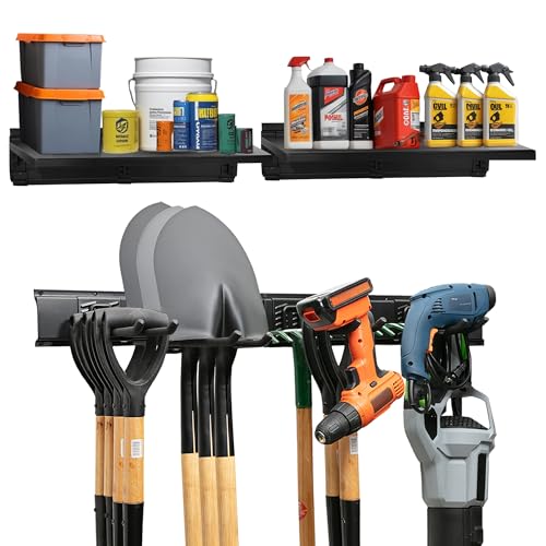 TIDYME Garage Tool Organizer Wall Mount 64", 2 Shelves & 4 Single Hooks - size: 64" with 2 Racks & 4 Hooks