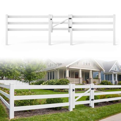 Fencer Wire 204FT Vinyl Ranch Fence Kit, 3-Rail White PVC Fence System with 4ft H x 4ft W Gate, 6ft Posts & 8ft Rails, UV-Resistant, Easy Installation, Durable Outdoor Fencing for Ranch, Yard & Farm - size: 204 FT W/ Gate