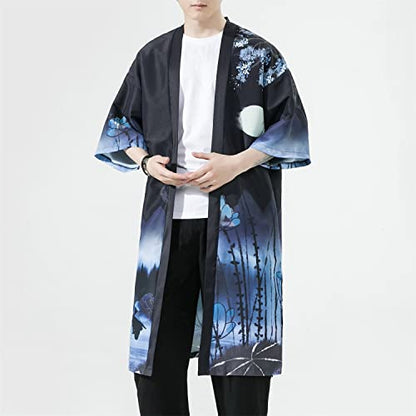 Seidarise Men's Haori, Long Kimono Cardigan Jacket Japanese Style Flying Crane Seven Sleeves Open Front Coat - color: C-207, size: XX-Large