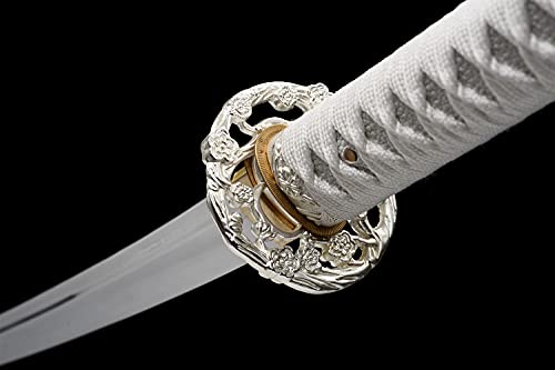 Traditional Heat/Clay Tempered Hand Forged Katana Sword | Real 1060/1095 T10 High Carbon Steel Sharp Full Tang Katanas | Practical Authentic Japanese Samurai Swords - color: White Plum