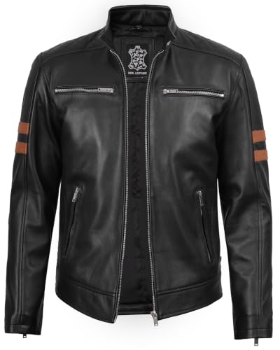 Real Lambskin Cafe Racer Leather Jacket Men Biker Style Stripes Sleeves - color: Black, size: Small